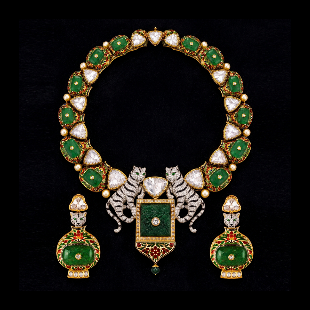 Symetree by Haritsons Designs The Simhāsana bridal statement necklace and earrings featuring emeralds, diamonds, tiger motifs and an ornate central pendant.