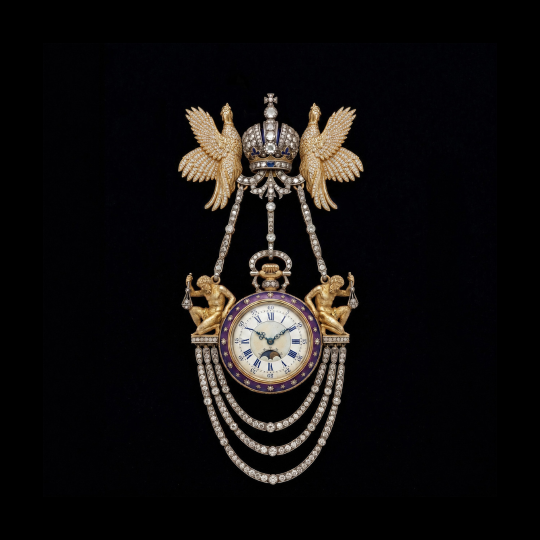 Symetree by Haritsons Designs Atlas Regalis groom’s jewellery accessory featuring a regal pocket watch, crown, mythical guardians and diamond chains