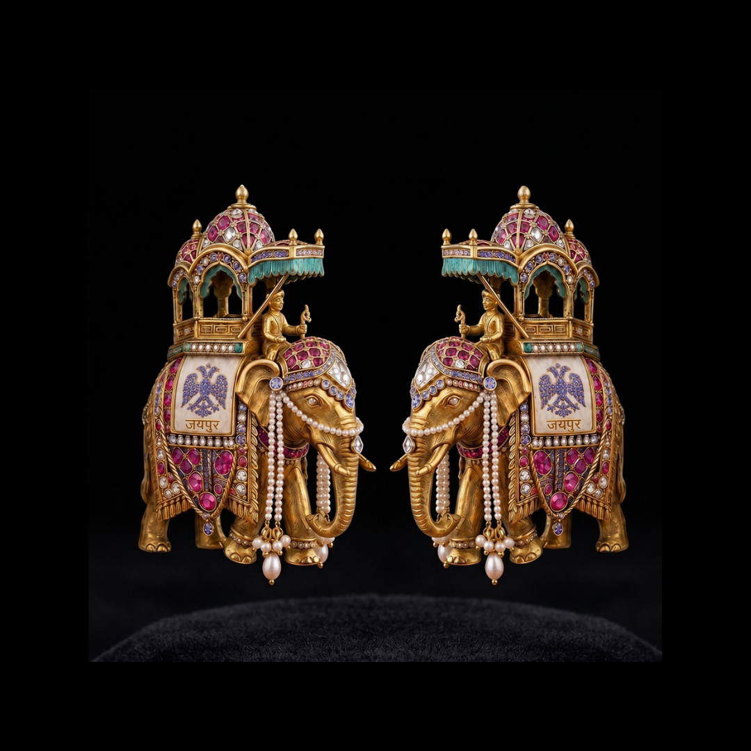 Symetree by Haritsons Designs Gajamandapa earrings featuring ornate elephant motifs, architectural details and colourful gemstones. 