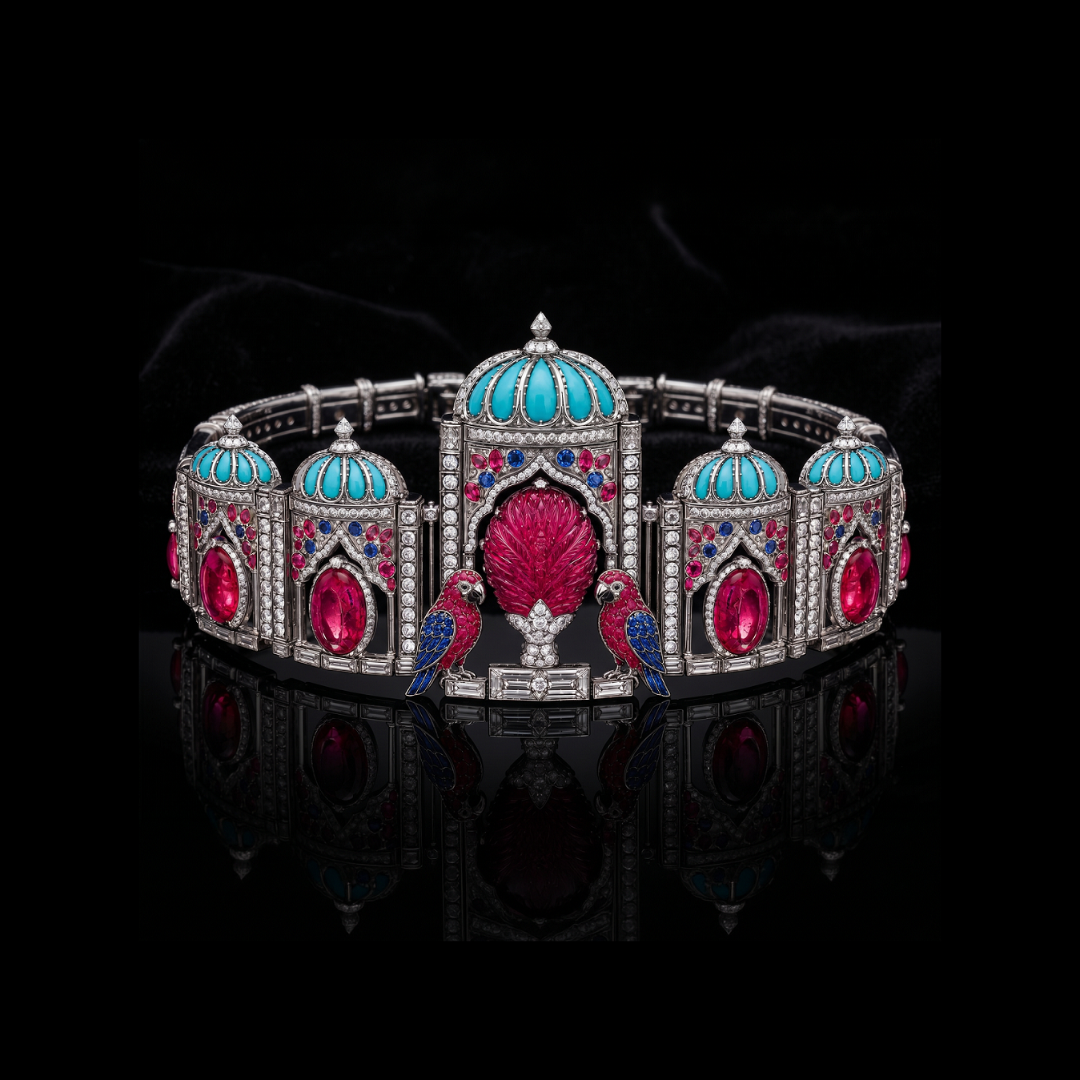 Palais Secret coloured gemstone bracelet by Symetree by Haritsons Designs featuring ornate palace domes, parrots and jewel-toned details.