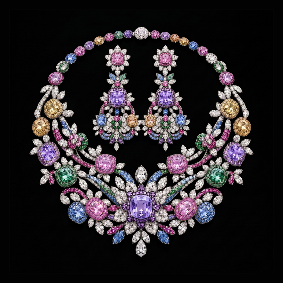 A Garden in Bloom precious coloured gemstone bridal necklace and earrings by Symetree by Haritsons Designs with multicoloured floral gemstones.