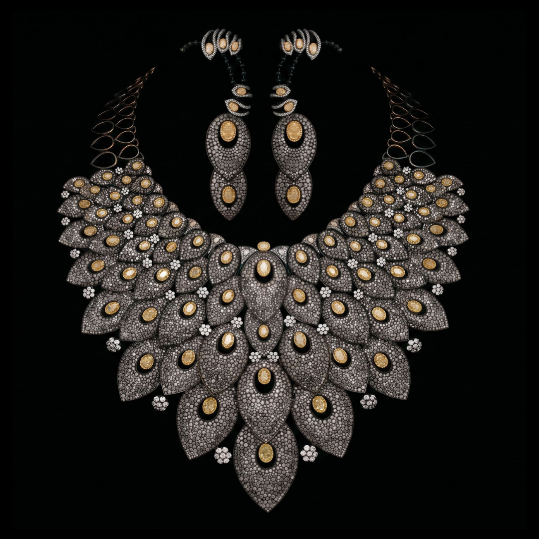 Bridal diamond necklace and earrings with cascading peacock motifs by Sona Chandis