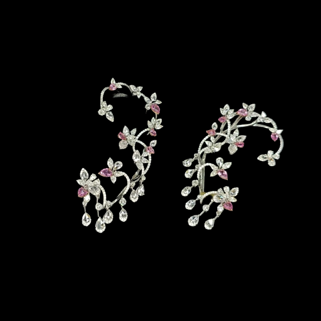 Sumeet Jewellers Branches of Spring natural diamond earrings with blooming branch, leaf and pink gemstone details