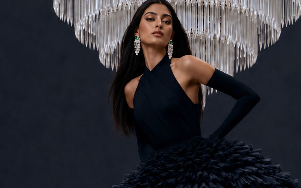 Model wearing Tanishq The Gilded Light natural diamond chandelier earrings with green gemstone centres and cascading diamond tiers