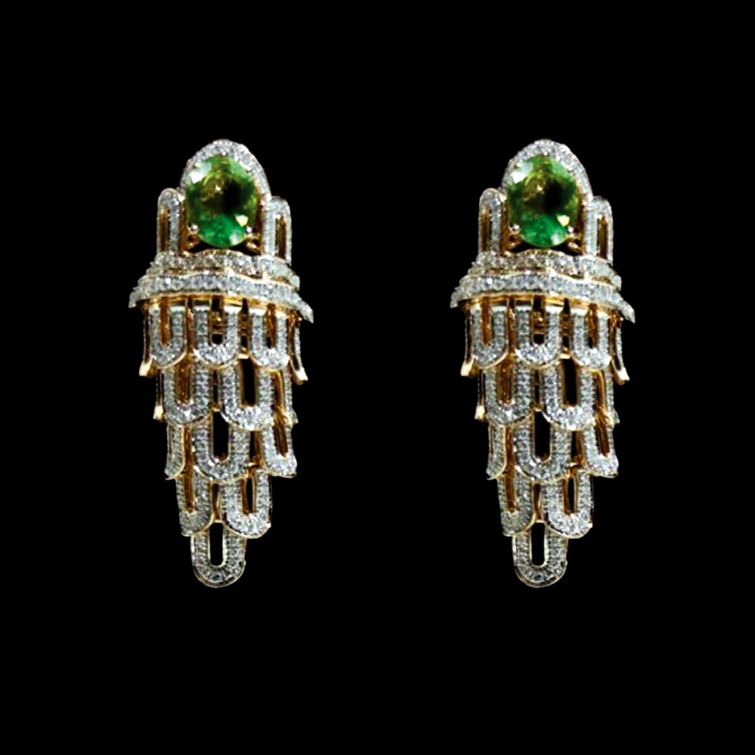Tanishq The Gilded Light natural diamond chandelier earrings with green gemstone centre and cascading diamond tiers