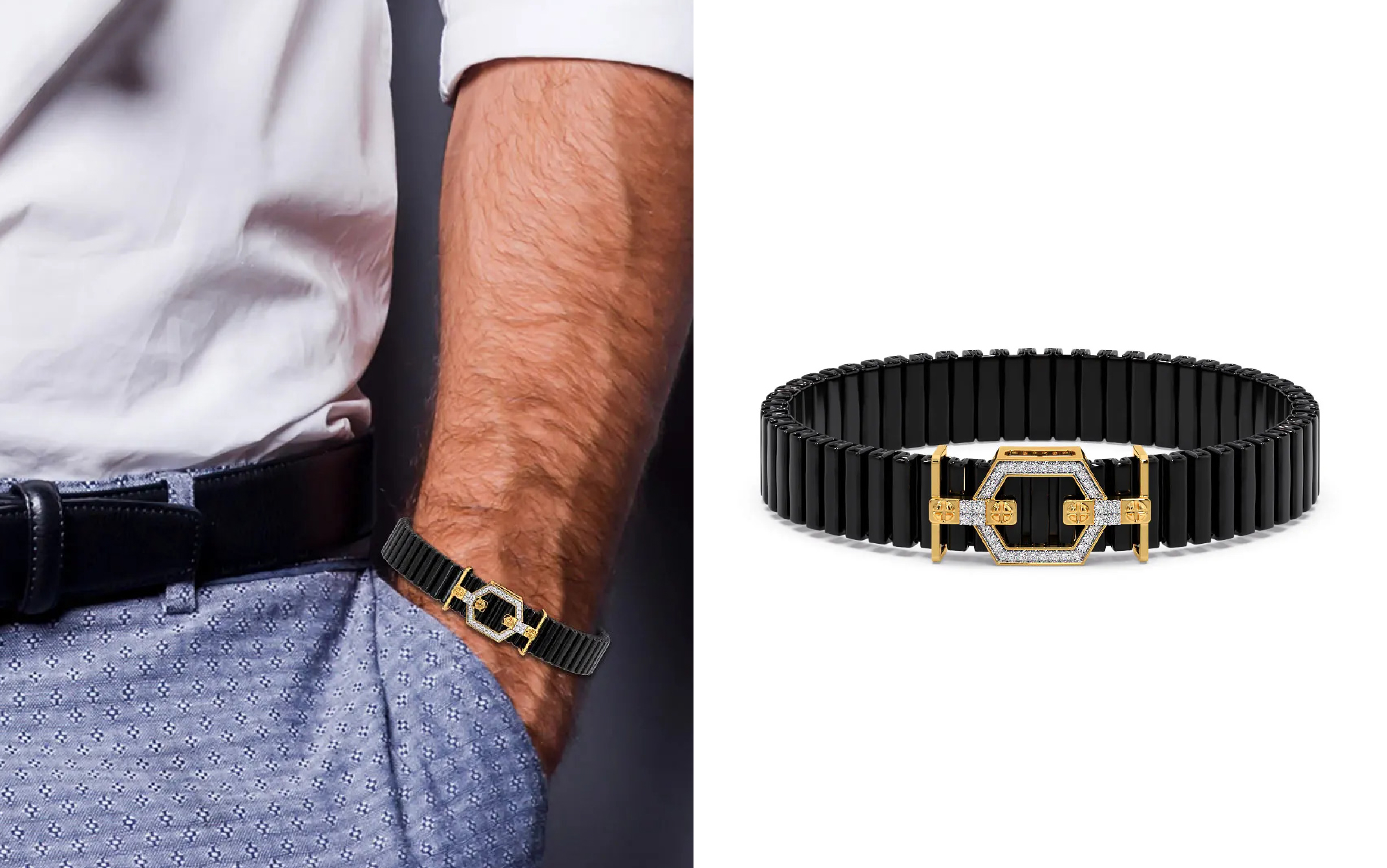 Candere by Kalyan Jewellers black men’s bracelet with octagonal gold and diamond centre