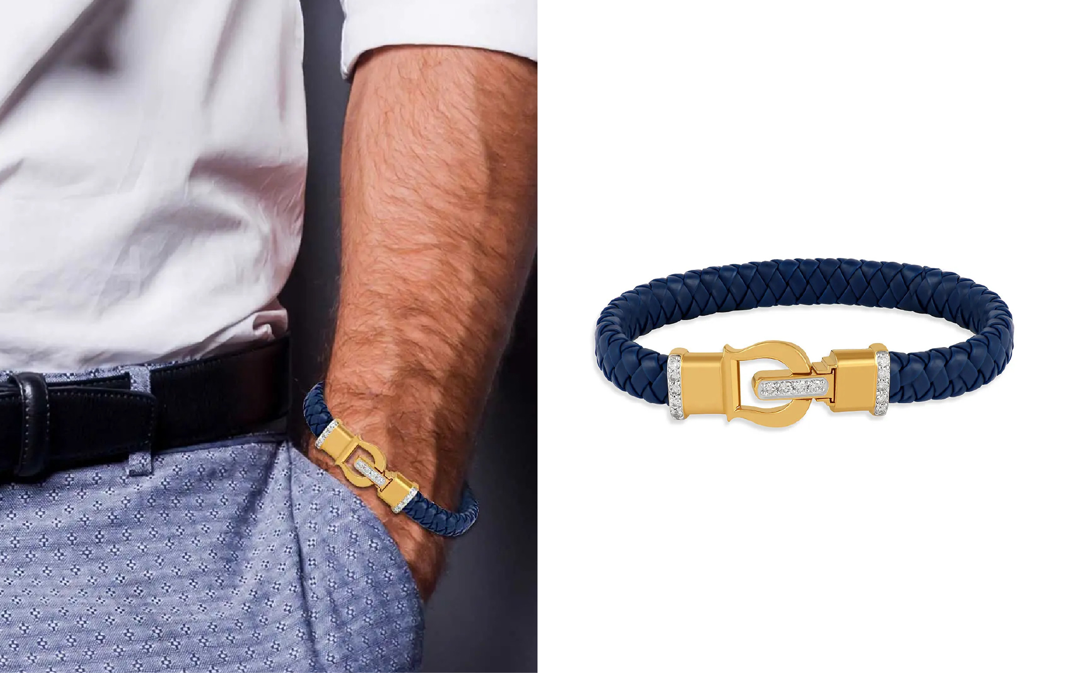 Candere by Kalyan Jewellers blue braided men’s bracelet with gold clasp and diamond accents