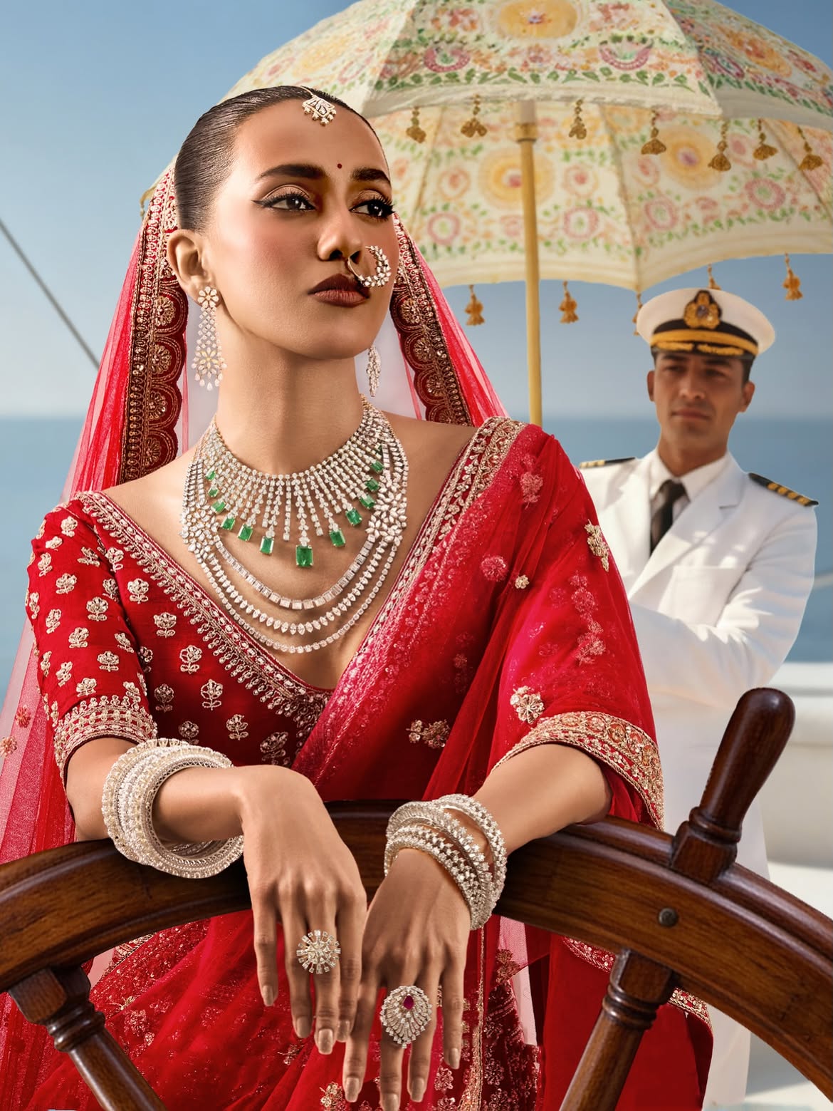 Luxury destination bride wearing diamond and emerald bridal jewellery by Sawansukha Jewellers aboard a yacht.
