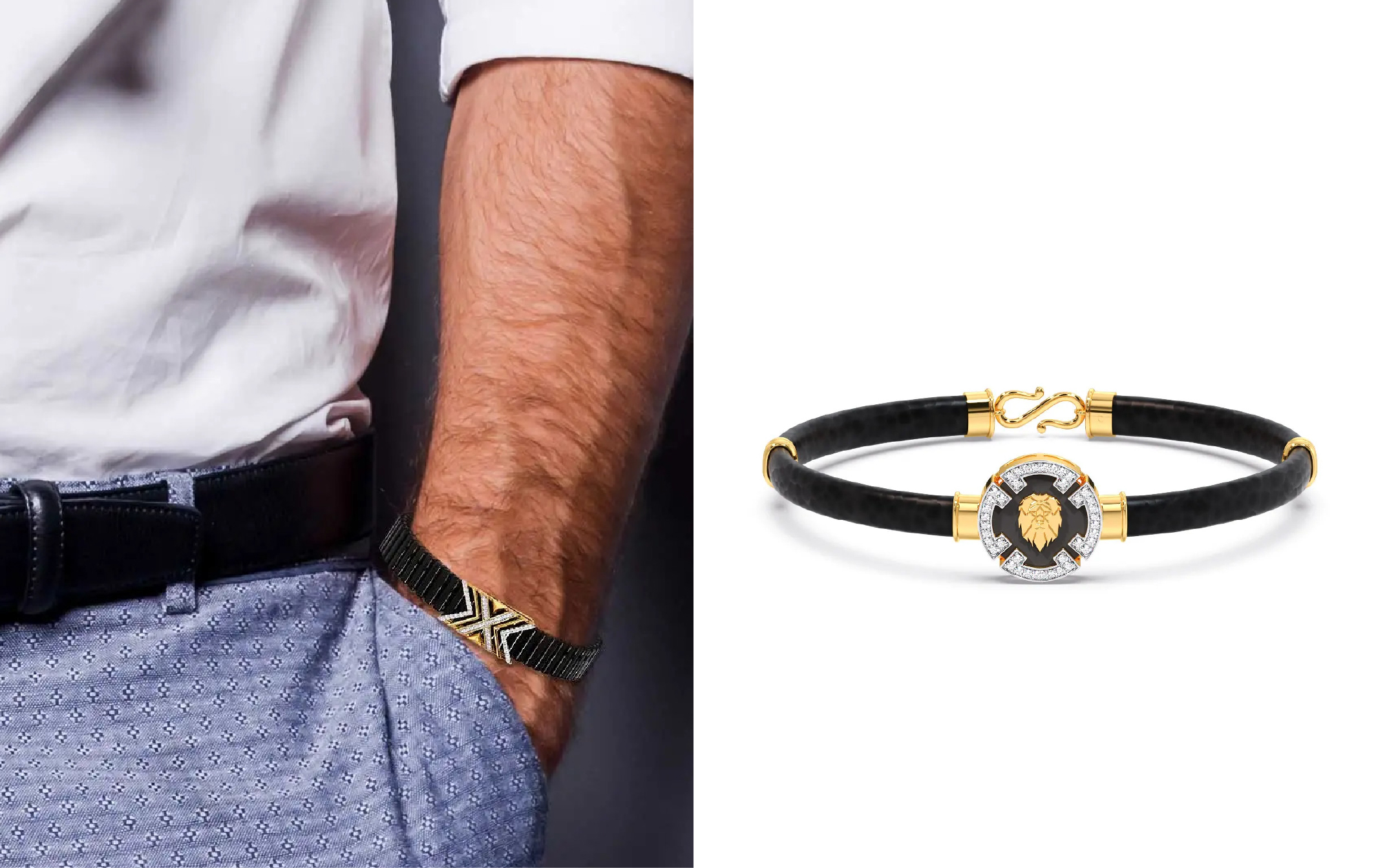 Candere by Kalyan Jewellers black men’s bracelet with gold lion motif and diamond frame
