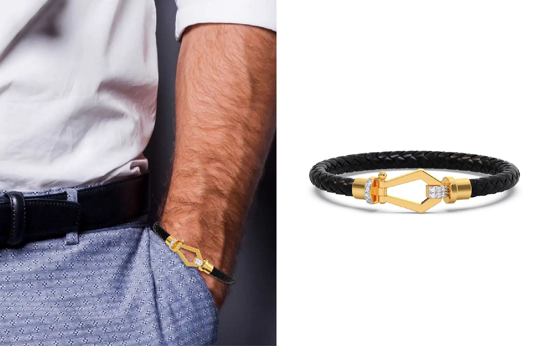 Candere by Kalyan Jewellers black braided bracelet with geometric gold clasp and diamond accents