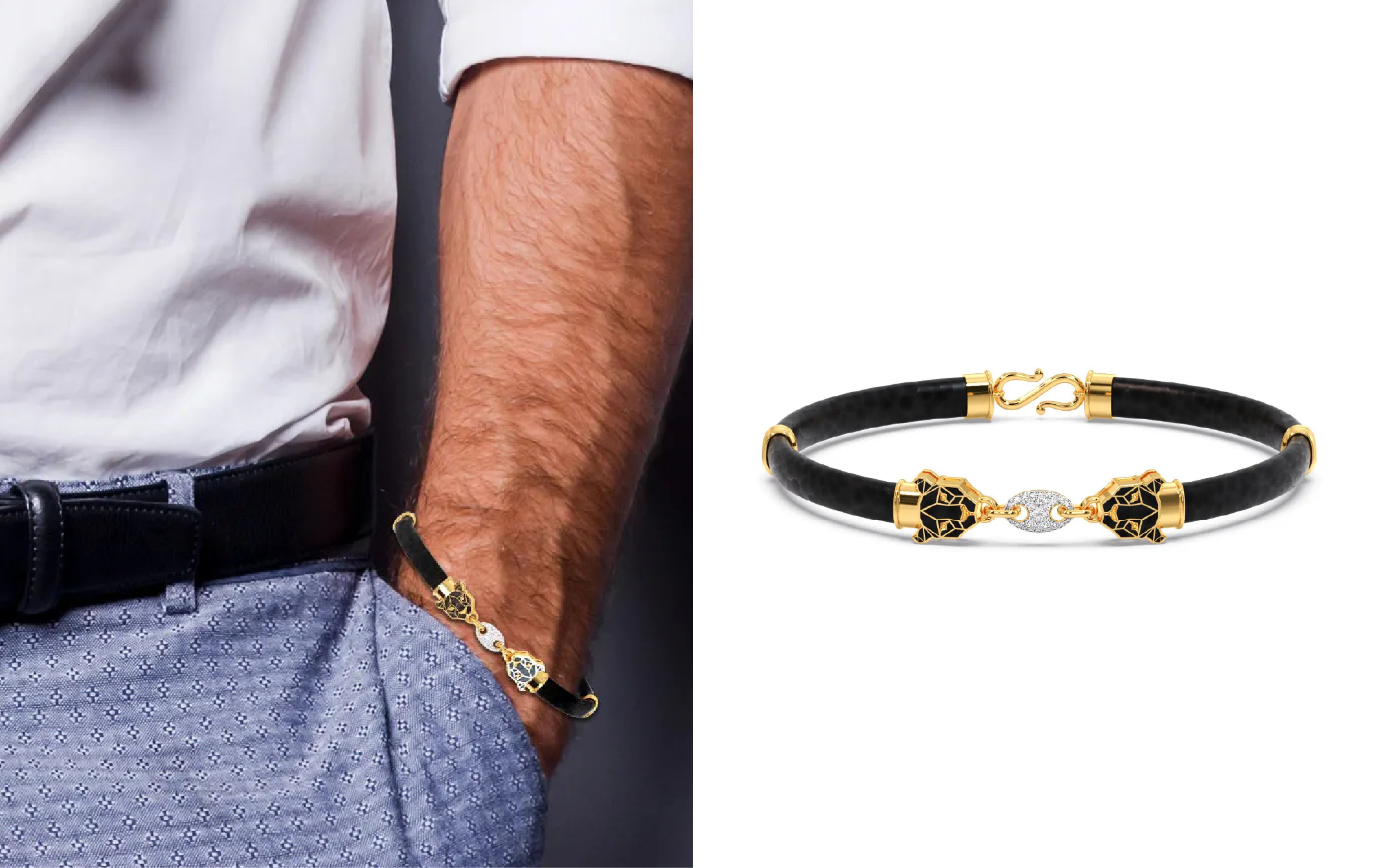 Candere by Kalyan Jewellers black bracelet with twin panther motifs and diamond link