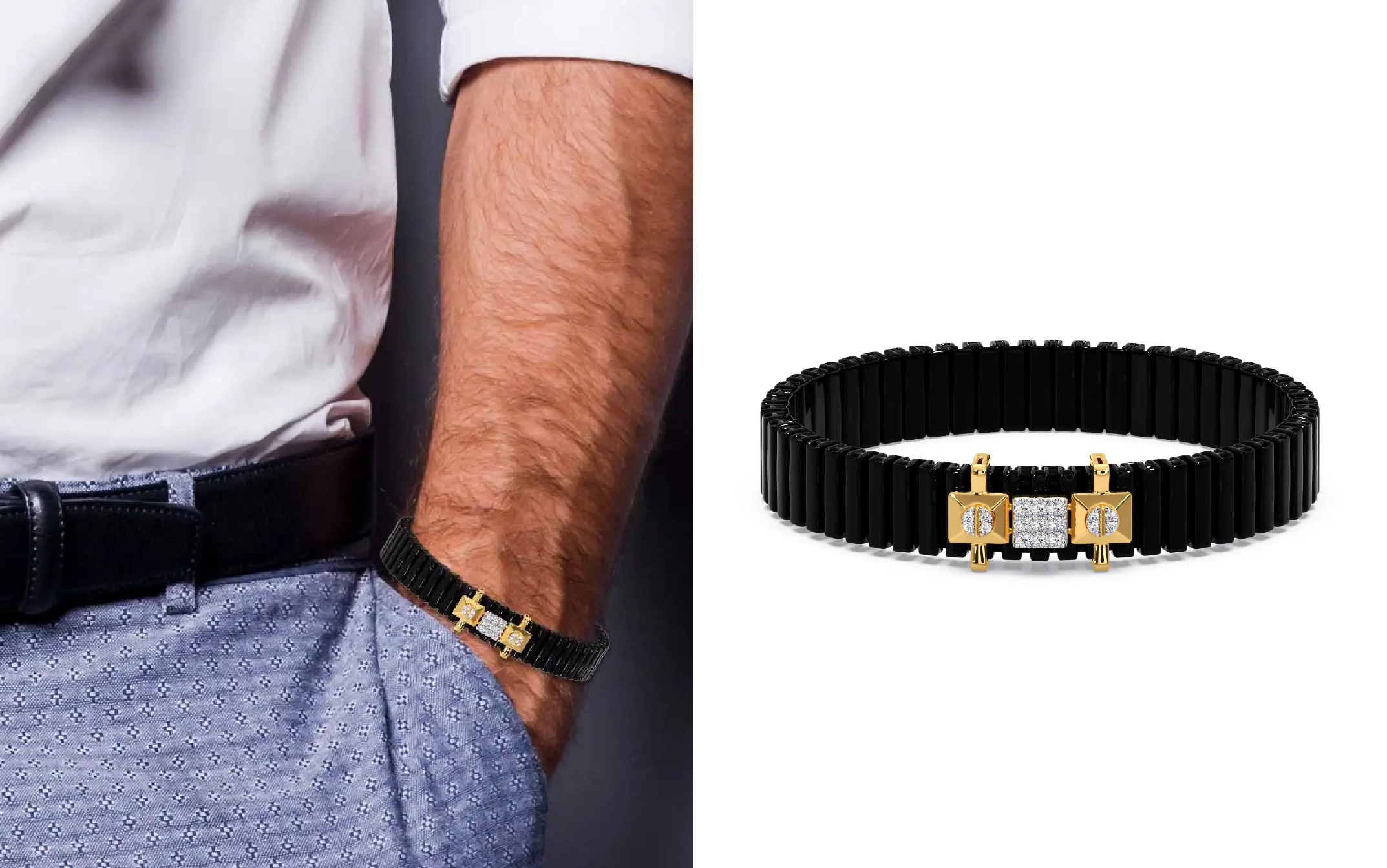 Candere by Kalyan Jewellers black bracelet with square diamond cluster and gold details