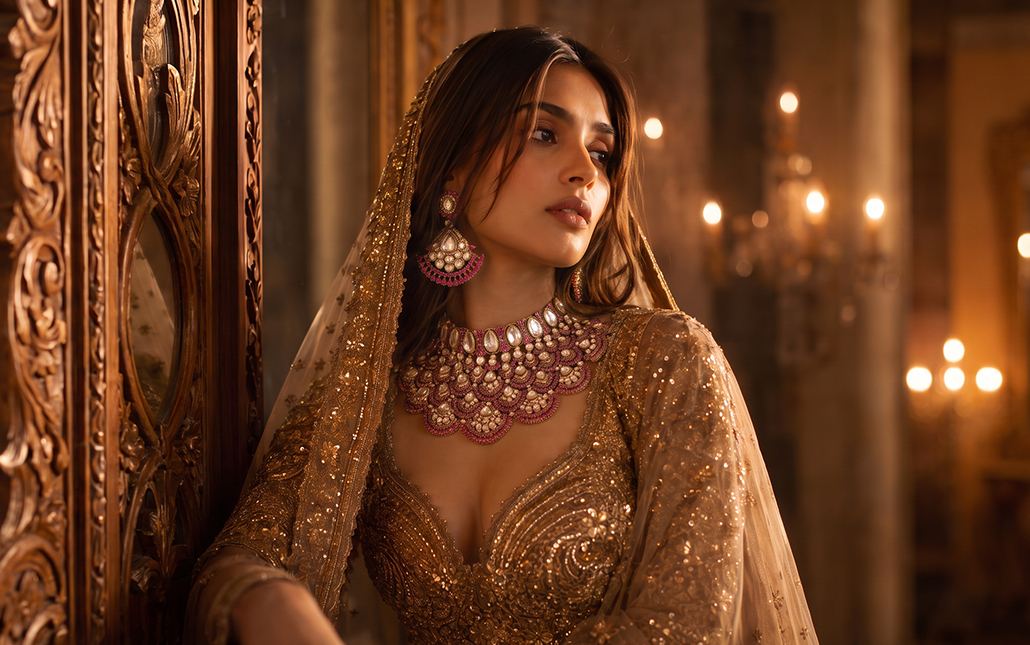 Model wearing The Scalloped Palace bridal choker and earrings by PMJ Jewels, featuring layered gemstone and scalloped motifs.
