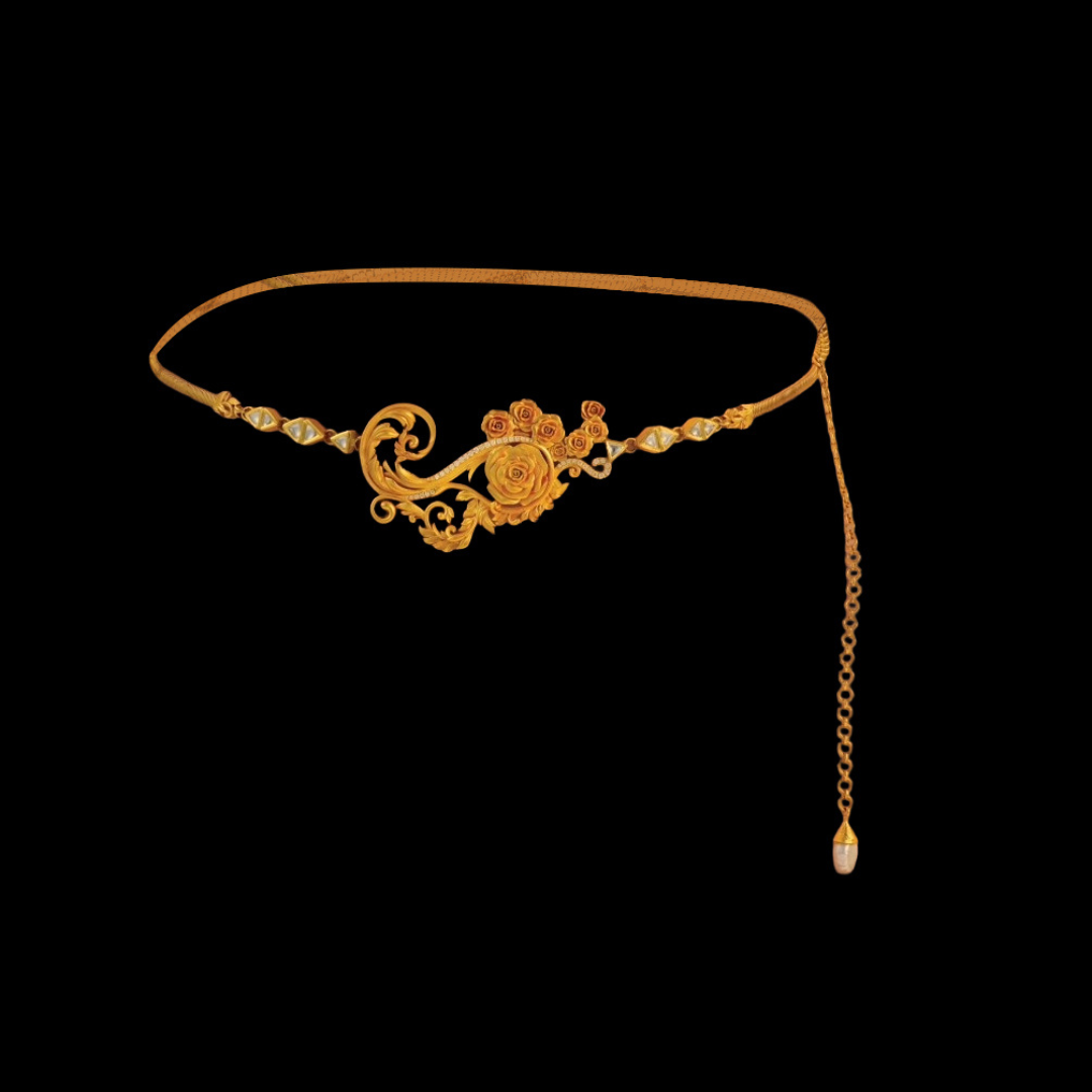 Zoya Rosebud Grace bridal kamarbandh featuring a sculpted gold rose, vines, leaves and diamond accents.