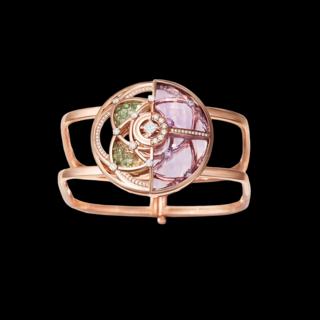 The Eternal Orbit coloured gemstone bracelet by Zoya – A Tata Product featuring an orbital circular motif with green and soft amethyst hues.