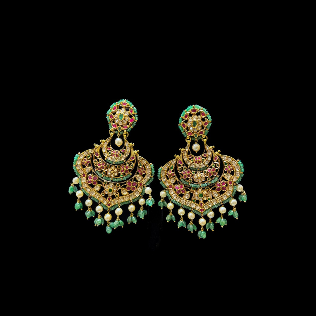 Aabushan Jewels Lunar Courtyard crescent-shaped studded gold earrings with colourful gemstones and pearl drops