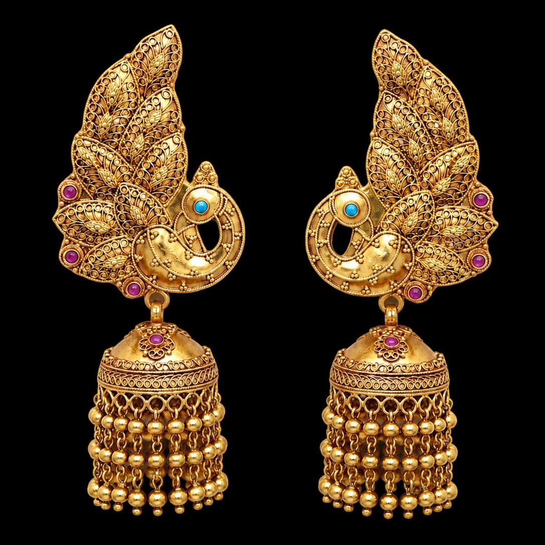 AJB Fine Jewels Mayur Nritya gold earrings featuring intricate peacock motifs, colourful accents and cascading gold details