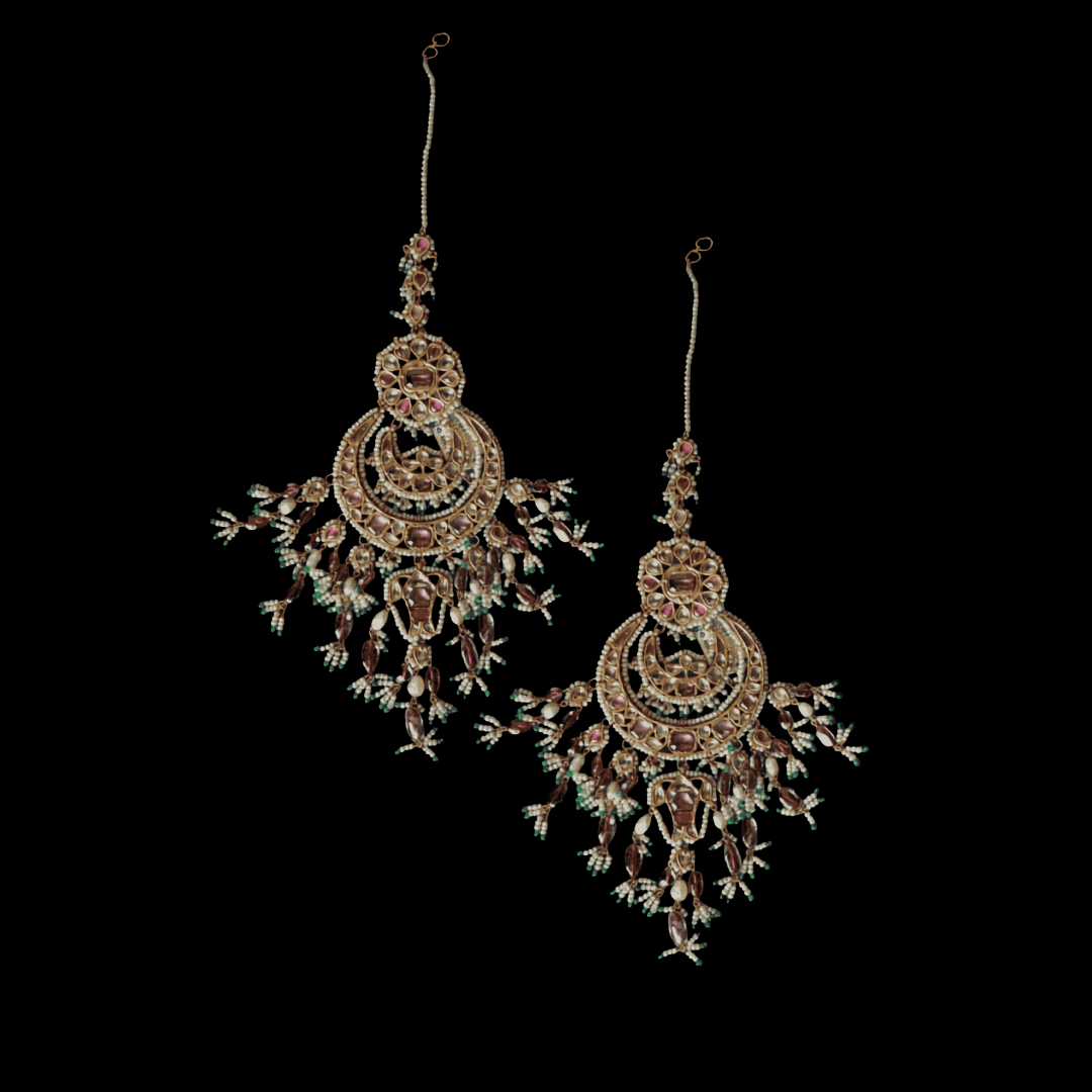 AJB Fine Jewels Chaand Mahal elaborate studded gold earrings with intricate circular and hanging motifs
