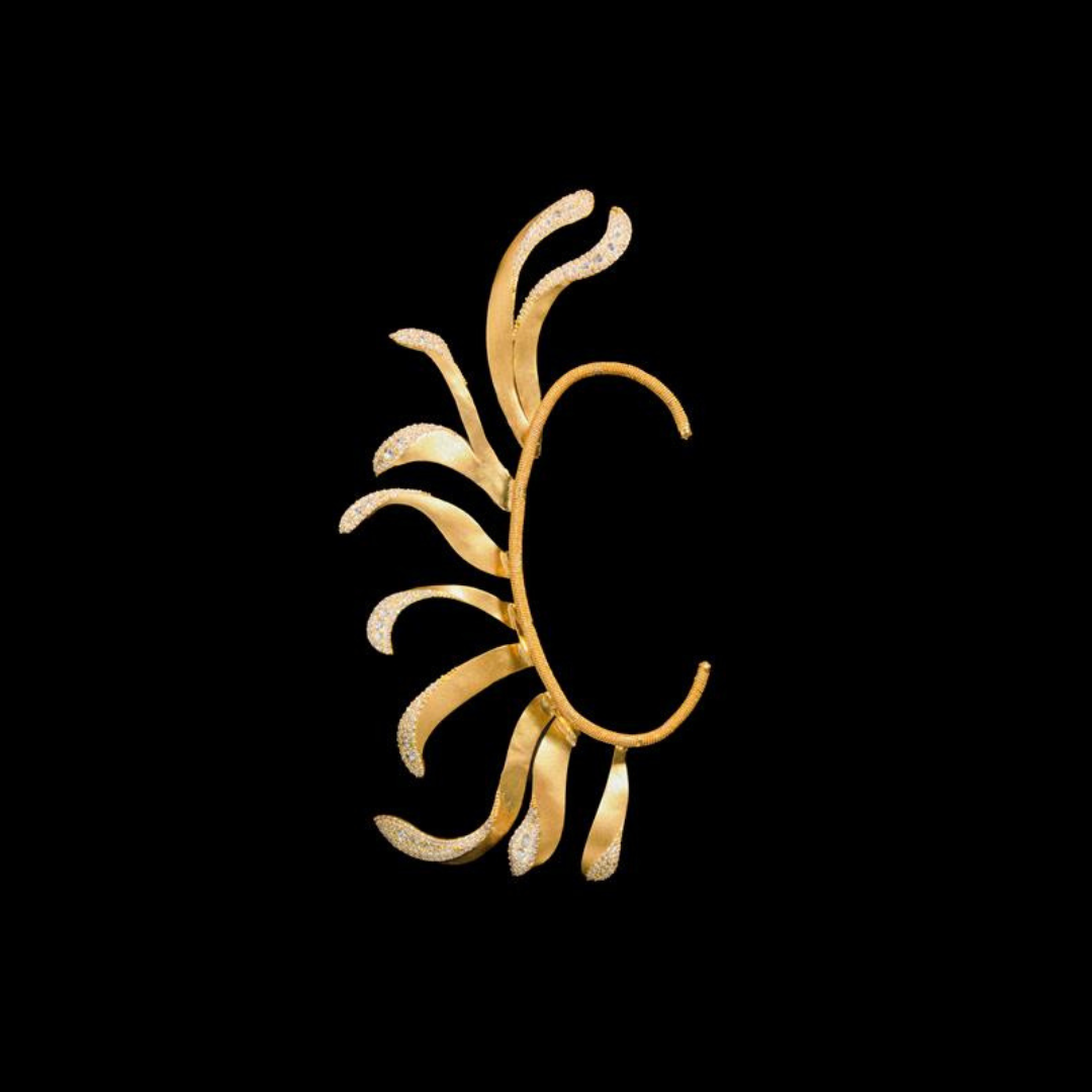 C. Krishniah Chetty & Sons La Flamme sculptural gold earring inspired by flowing flames