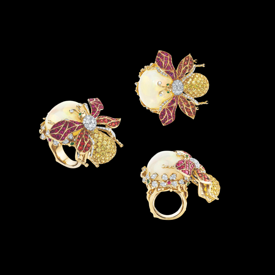 Farah Khan Fine Jewellery The Nectar Keeper couture jewellery featuring an intricate bee and floral-inspired design with coloured gemstones and diamonds.
