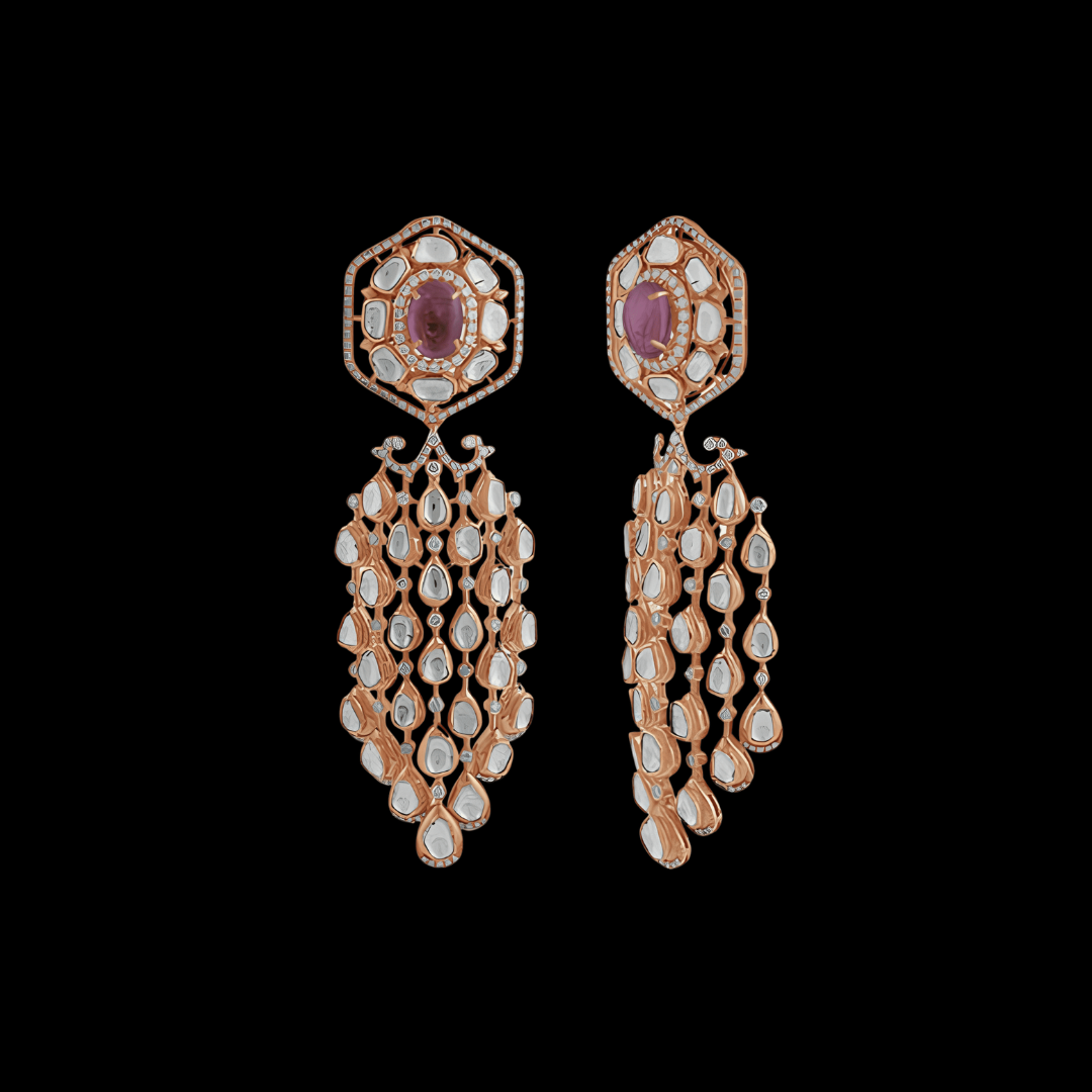 Indriya by Aditya Birla Group Where The Light Falls Polki earrings with pink gemstones and cascading uncut diamond drops