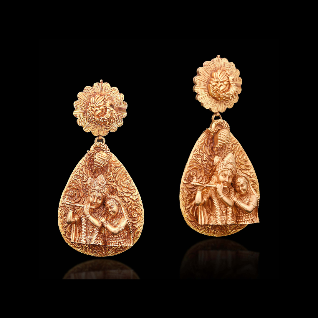 Khurana Jewellery House Vrindavan gold earrings featuring sculpted Radha Krishna, floral and peacock motifs 