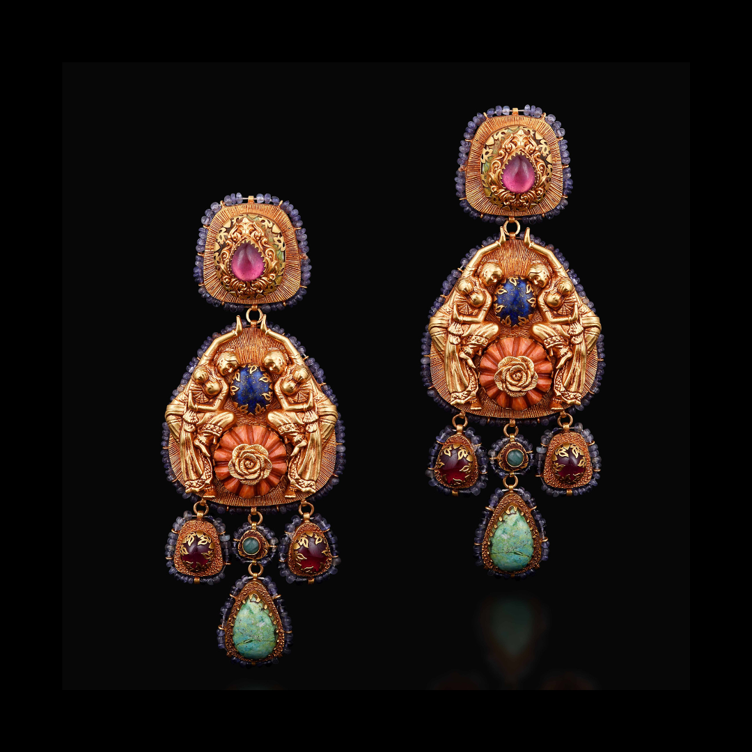 Khurana Jewellery House The Painted Palace studded gold earrings with sculpted figures and colourful gemstones