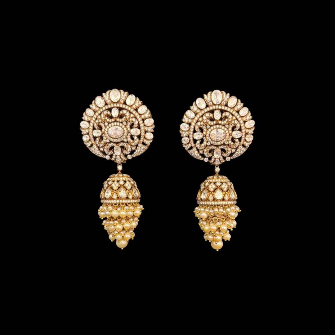 Mehta Emporium Jewellers Shikhara Polki earrings featuring circular diamond-set tops and traditional jhumka drops