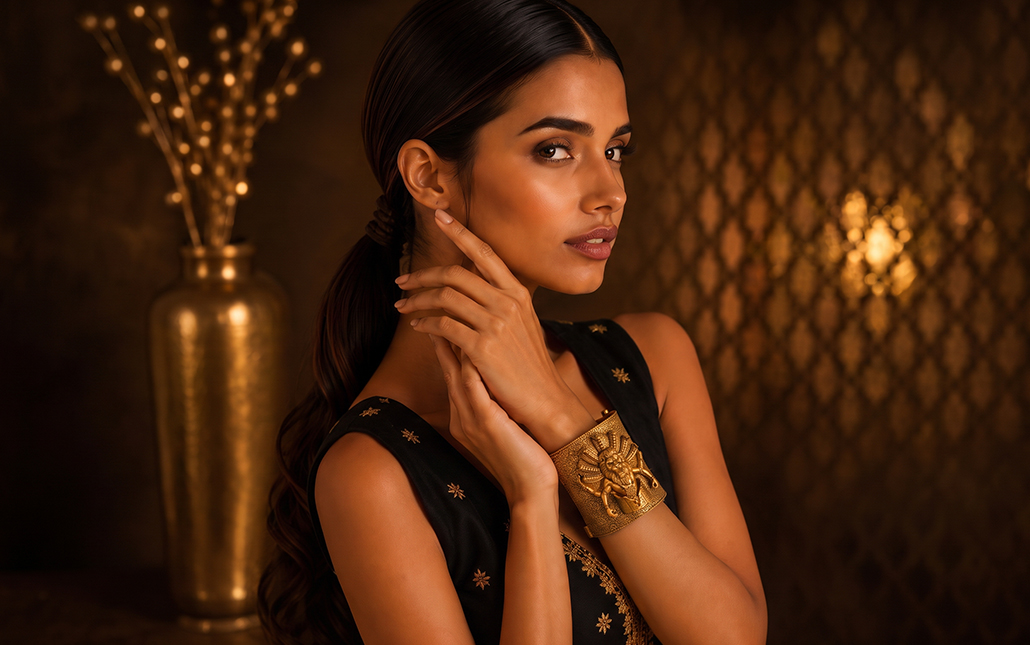 Model wearing Waman Hari Pethe Jewellers Narasimha Kavach gold bangle featuring an intricately sculpted Lord Narasimha and Vasuki motif