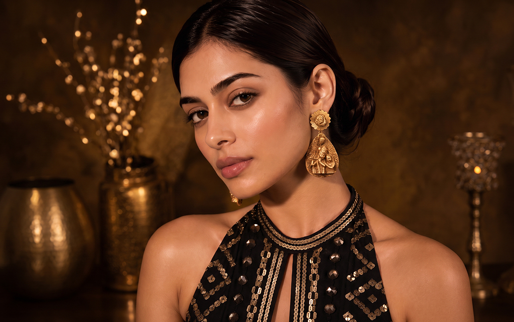 Model wearing Khurana Jewellery House Vrindavan gold earrings featuring sculpted Radha Krishna and floral motifs