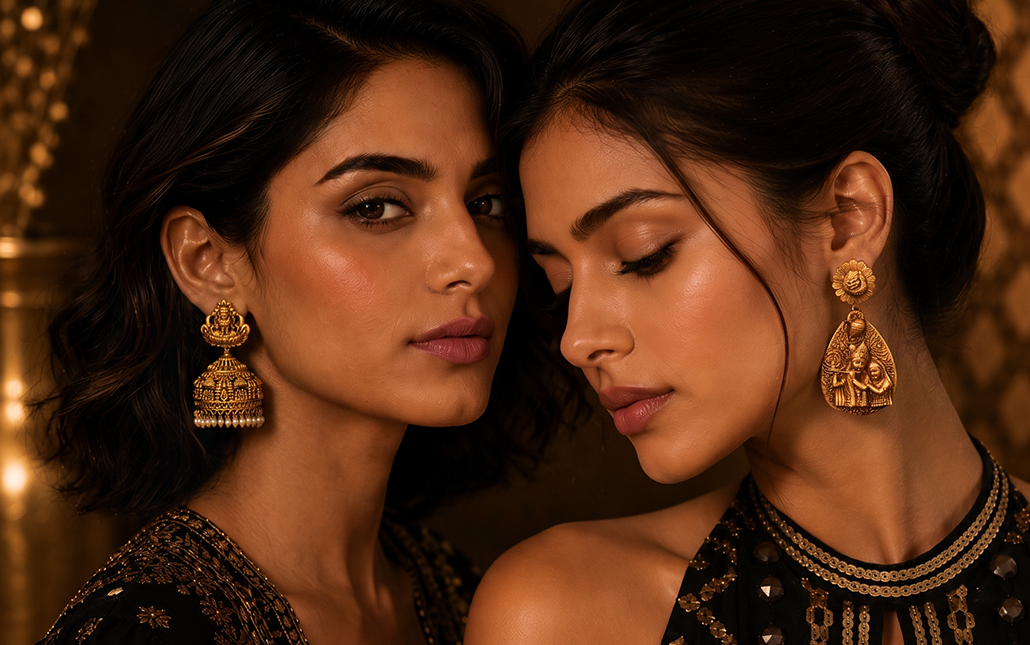 Two women wearing heritage-inspired gold earrings with intricate motifs and craftsmanship.