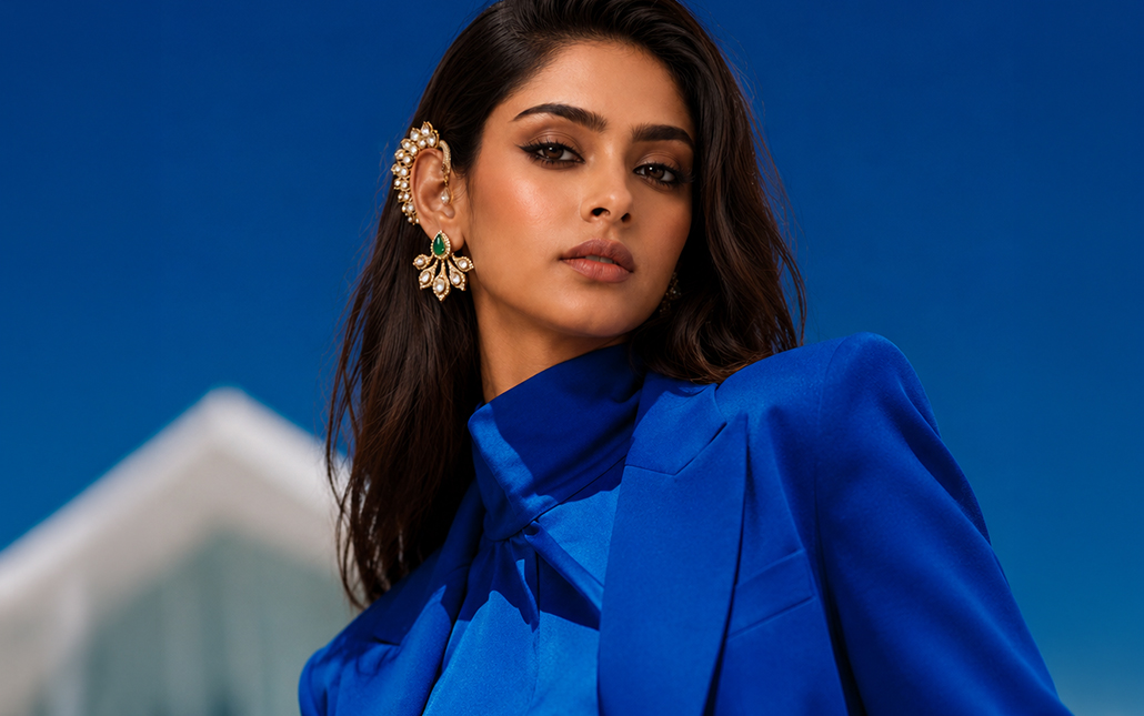 Model wearing Frontier Jewellers The Panache Polki ear cuff earrings with peacock-inspired uncut diamonds and green gemstone accents