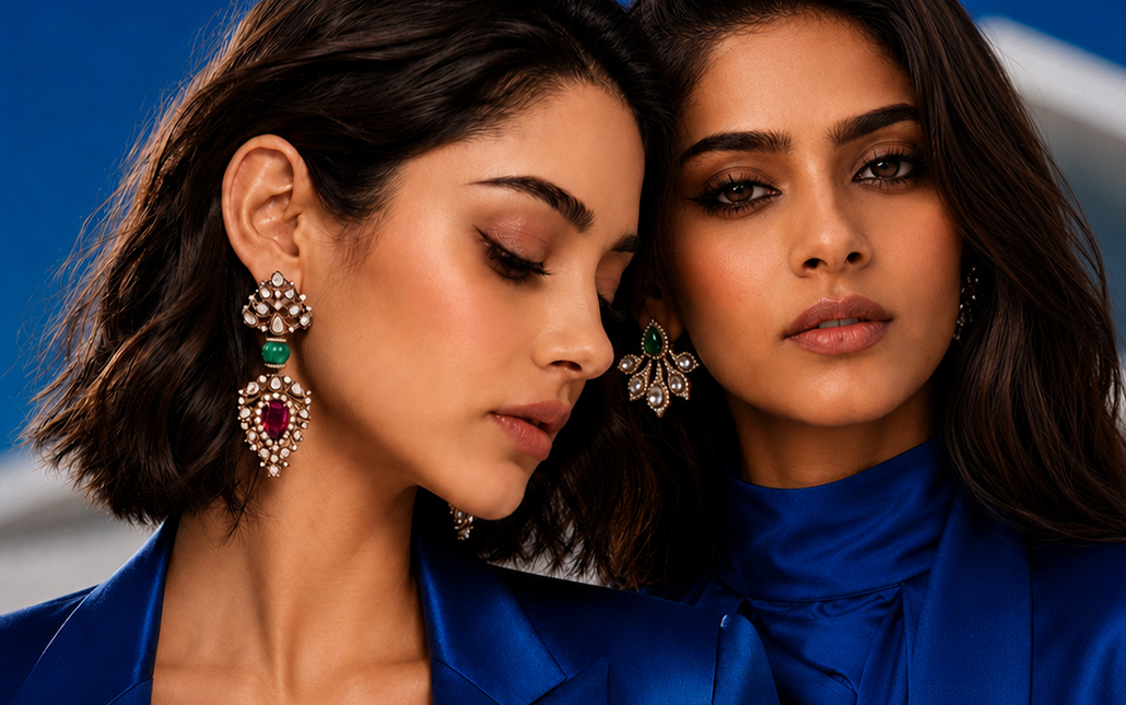 Two models wearing statement Polki earrings with uncut diamonds, green and pink gemstone accents, styled with cobalt blue outfits