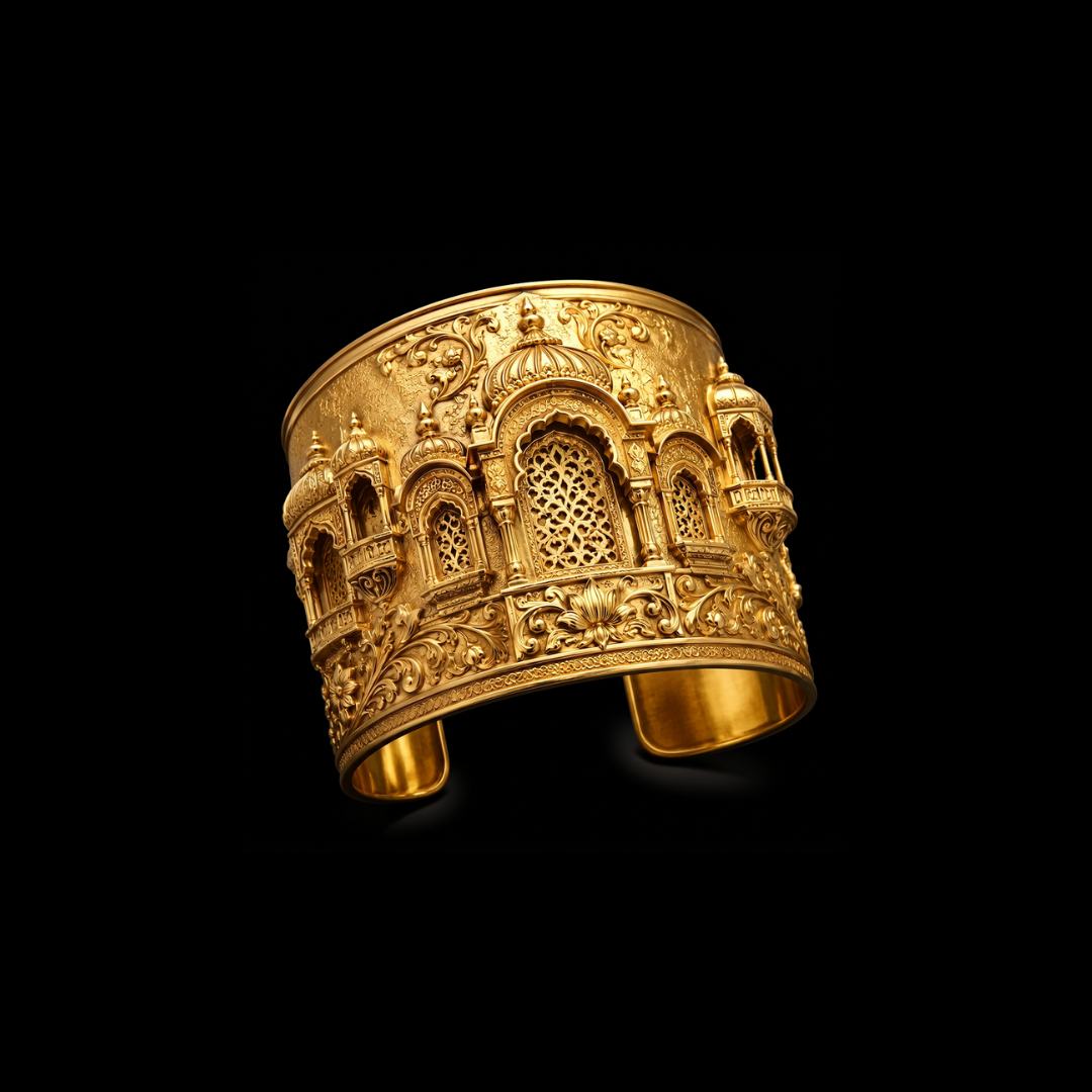 Symetree by Haritsons Designs Suvarna Jharokha gold bangle featuring carved jali work, domes and heritage architectural motifs