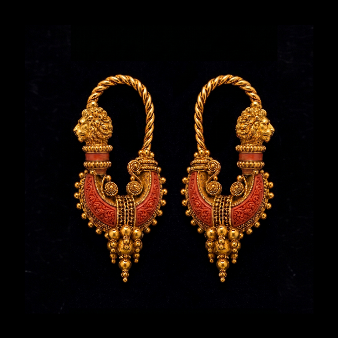 Symetree by Haritsons Designs Warrior Queen gold earrings featuring lion heads, crescent forms, braided rope details and red accents 
