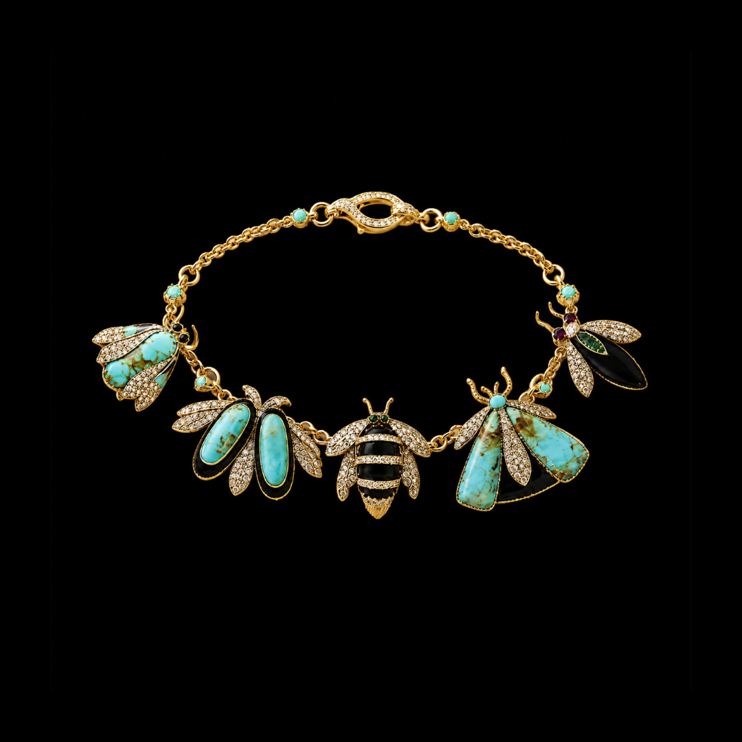 The Jardin Sauvage necklace by Symetree by Haritsons Designs featuring bees, moths and dragonflies with turquoise, green and diamond detailing.