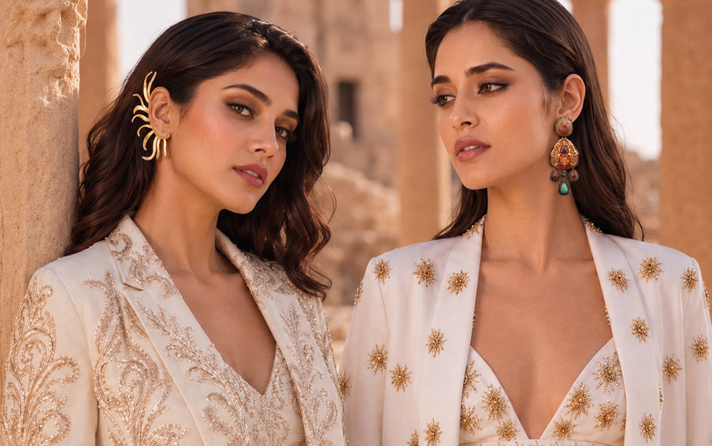 Models wearing winning studded gold earring designs by C. Krishniah Chetty & Sons and Khurana Jewellery House