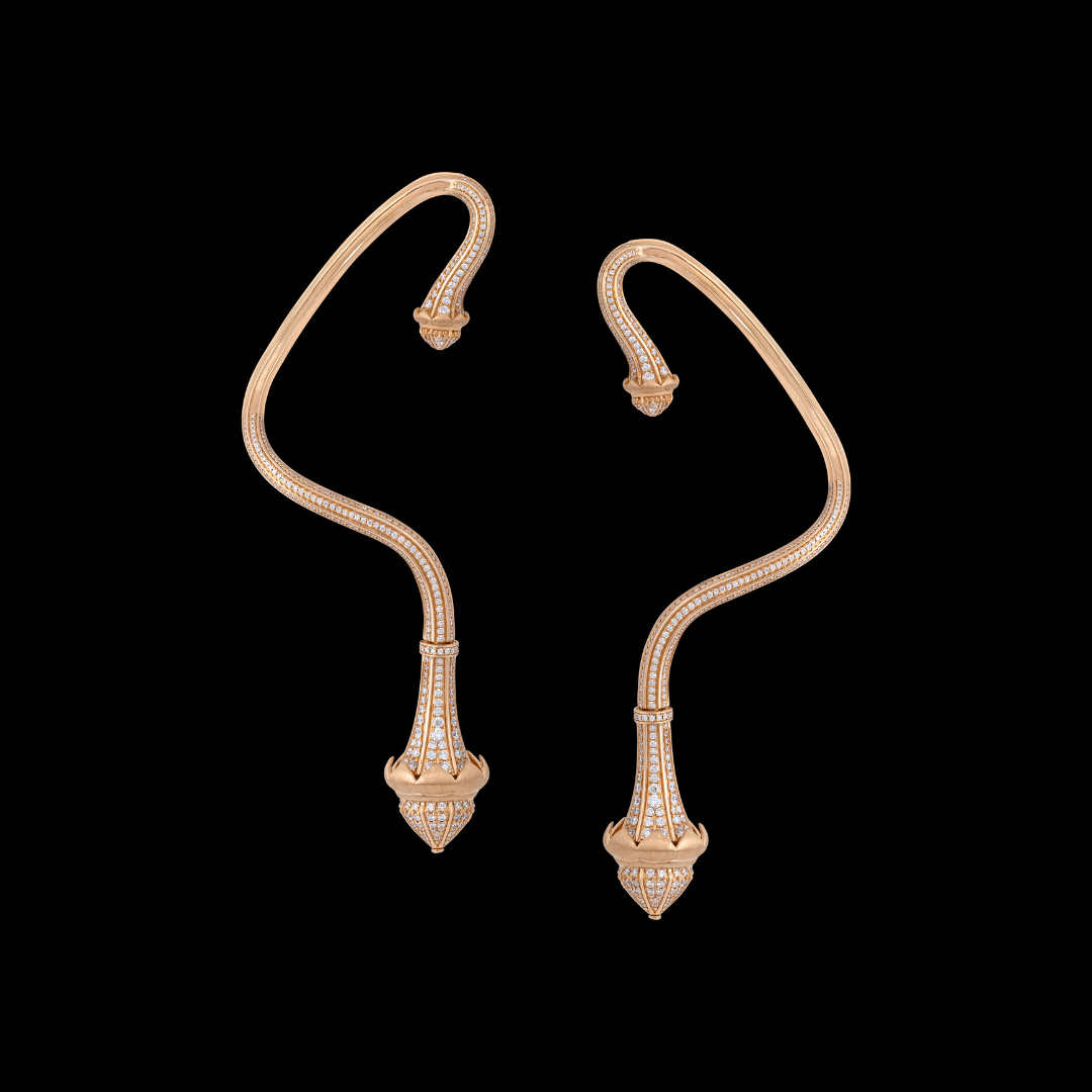 Vummidi Bangaru Jewellers Chettinad Reverie couture jewellery featuring elongated rose gold forms inspired by carved Chettinad pillars.