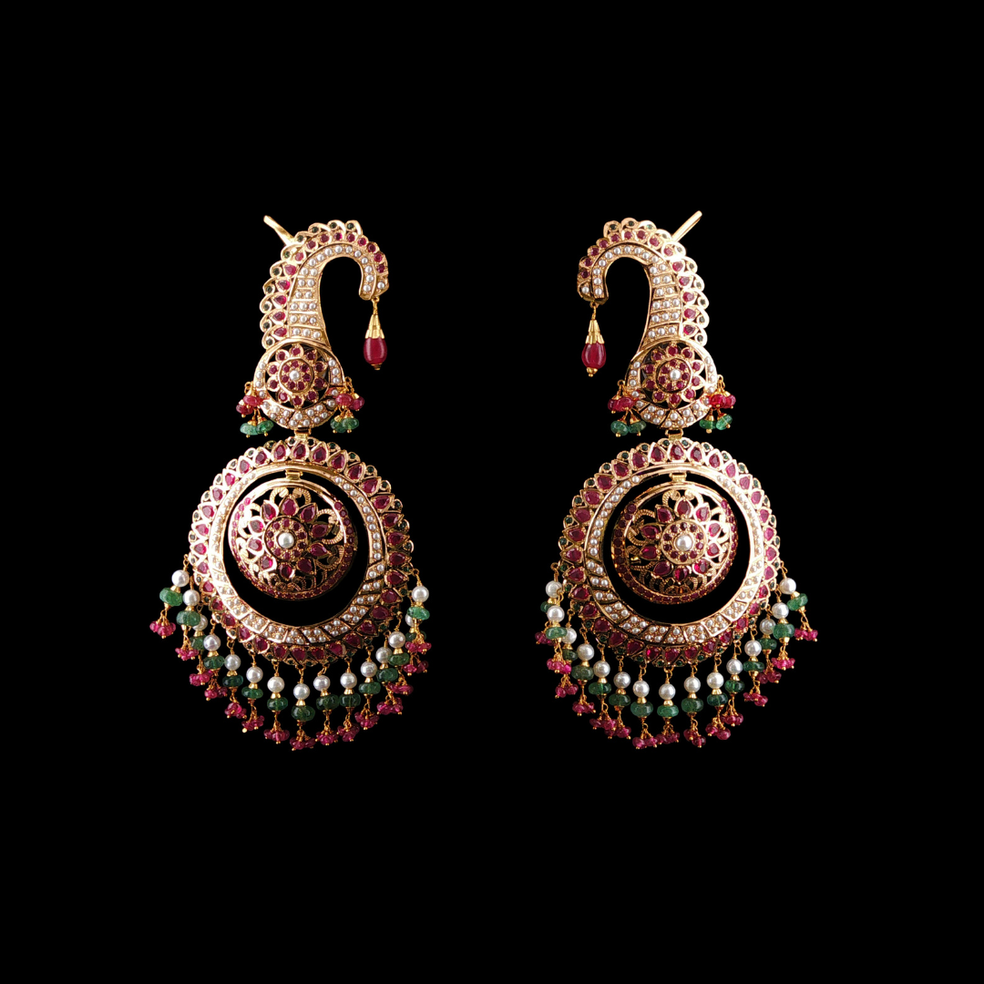 Verma Jewellers The Floral Medallion studded gold earrings with floral motifs, colourful gemstones and pearl detailing