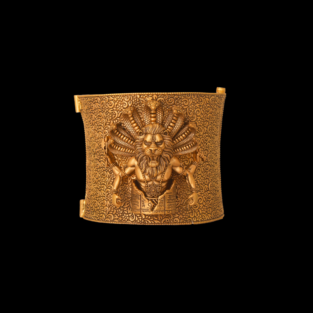 Waman Hari Pethe Jewellers Narasimha Kavach gold bangle featuring Lord Narasimha, Vasuki and intricate mythological motifs