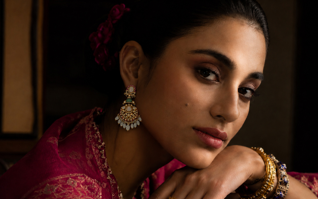 An Aabushan Jewels pearl draped polki chandbali catching the light against her cheek, rubies and emerald drops swaying at her ear