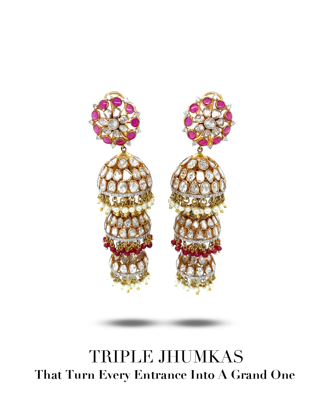 Jet Gems Fine Jewellery triple polki jhumka earrings with rubies and pearl drops in yellow gold