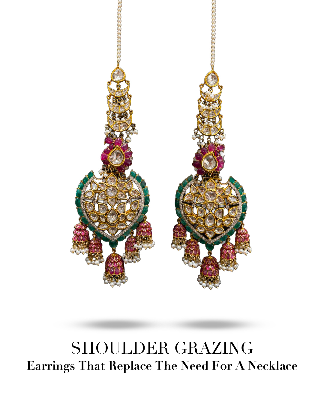 Batukbhai Sons Jewellers shoulder duster polki earrings with emeralds rubies and multiple jhumka drops