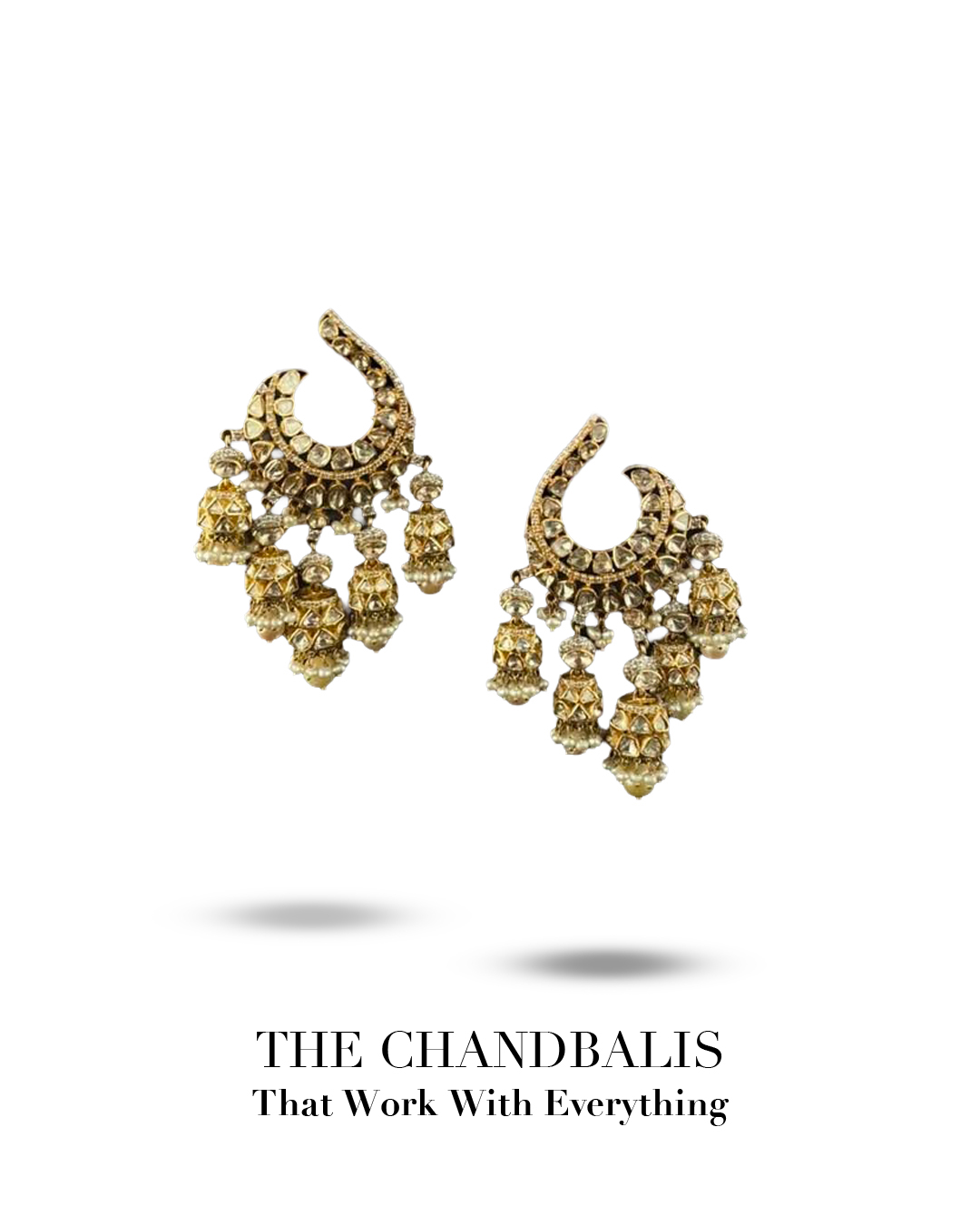 Jewellers Madanlal Chhaganlal crescent chandbali earrings with polki diamonds and pearl jhumkas