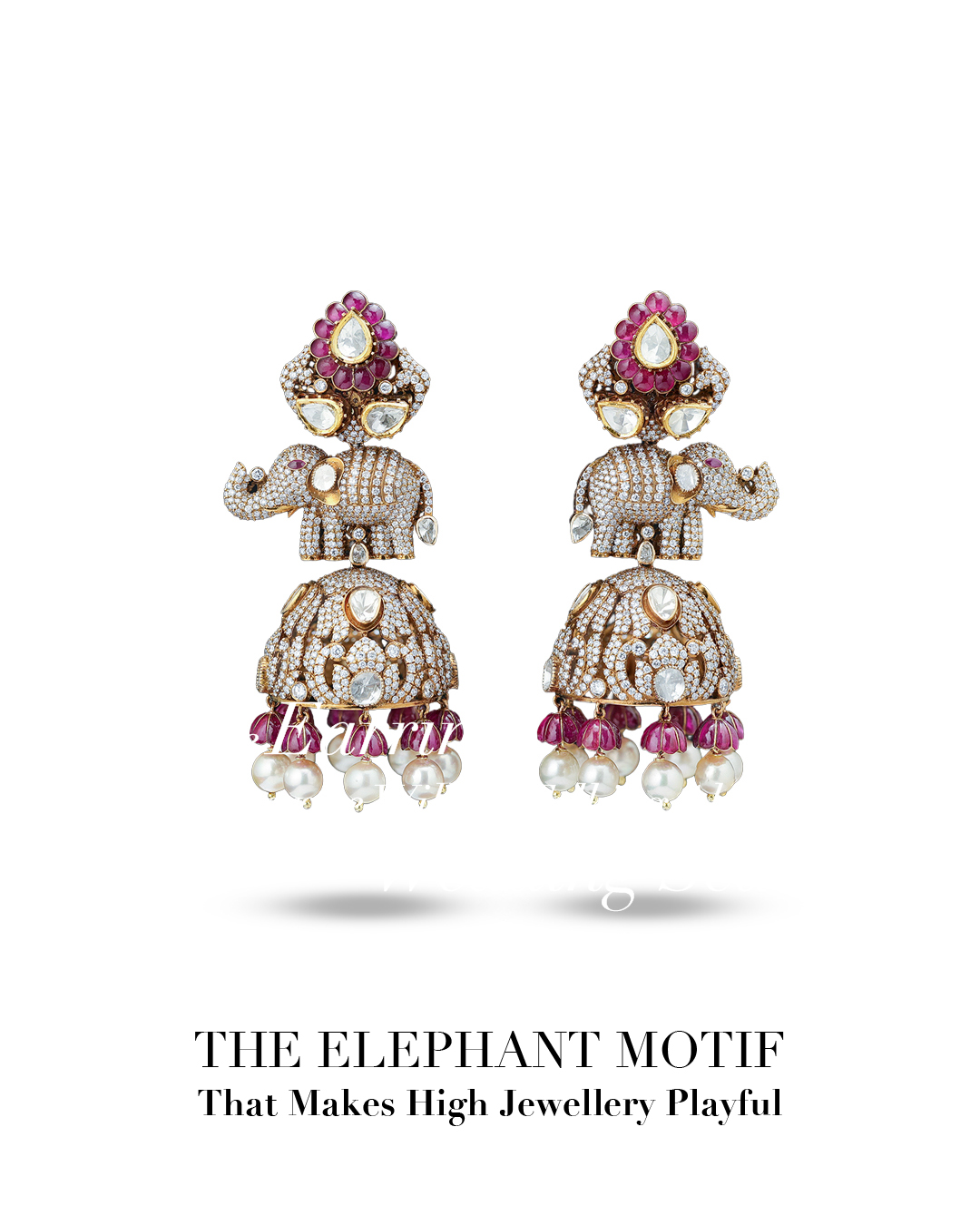 Kalamandir Jewellers diamond elephant motif jhumka earrings with pearls and rubies