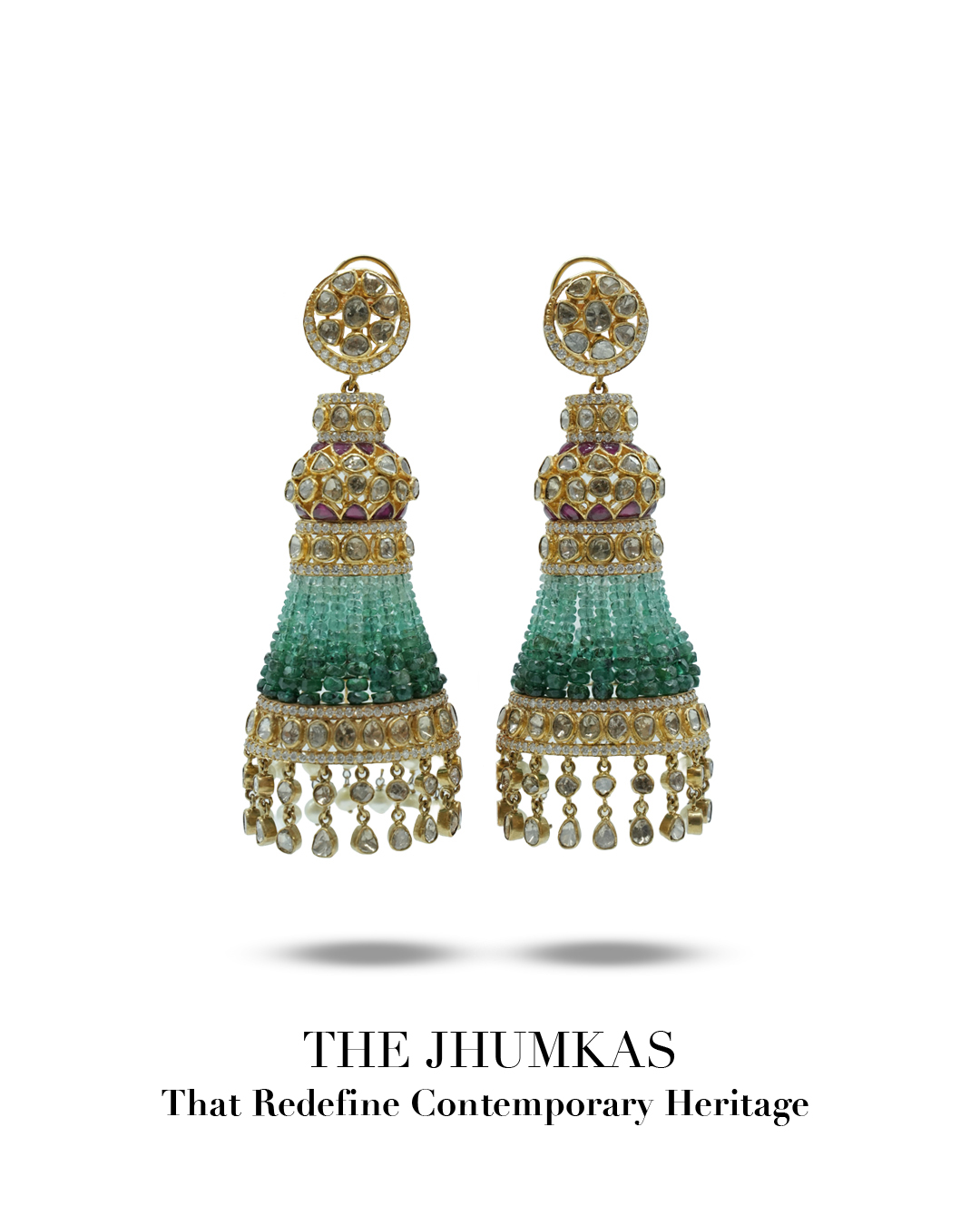 Kataria Jewellers contemporary polki jhumka earrings with emerald bead tassels