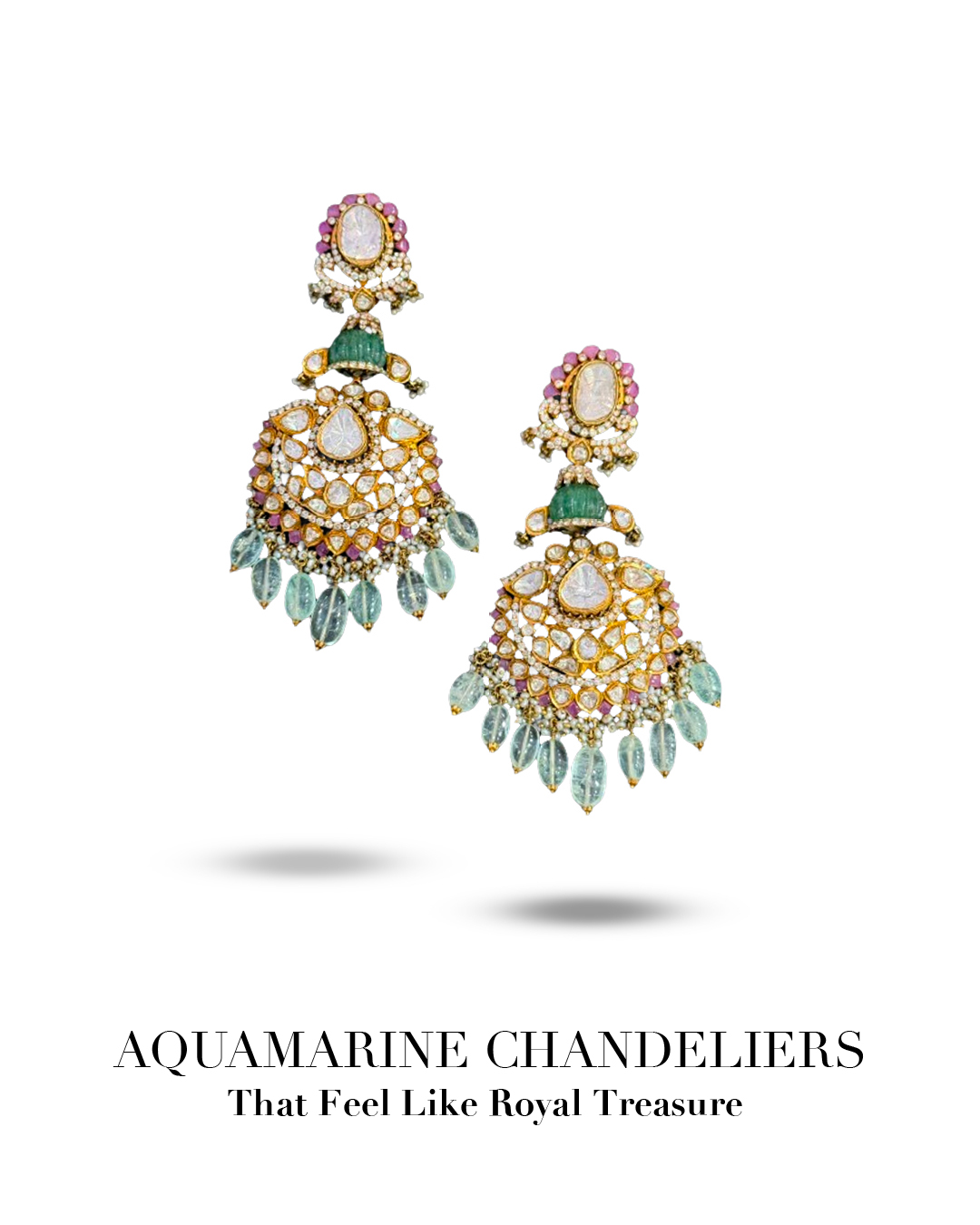 Punjabi Saraf Jewellers polki chandelier earrings with aquamarine drops emeralds and rubies