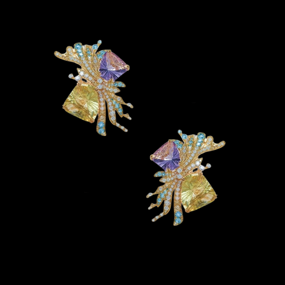 Zoya – A Tata Product Threads of Light couture earrings featuring pastel coloured gemstones, pearls and diamond-set radiating details.